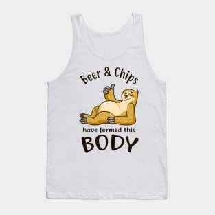 Sloth With Beer Belly Beer And Chips Body Fun Tank Top